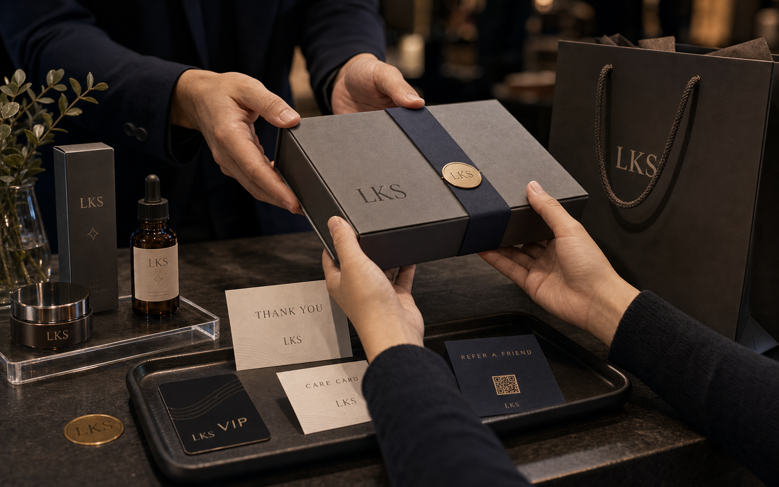 Premium LKS client handoff moment with branded packaging, cards, VIP card, care card, referral card, and product touchpoints
