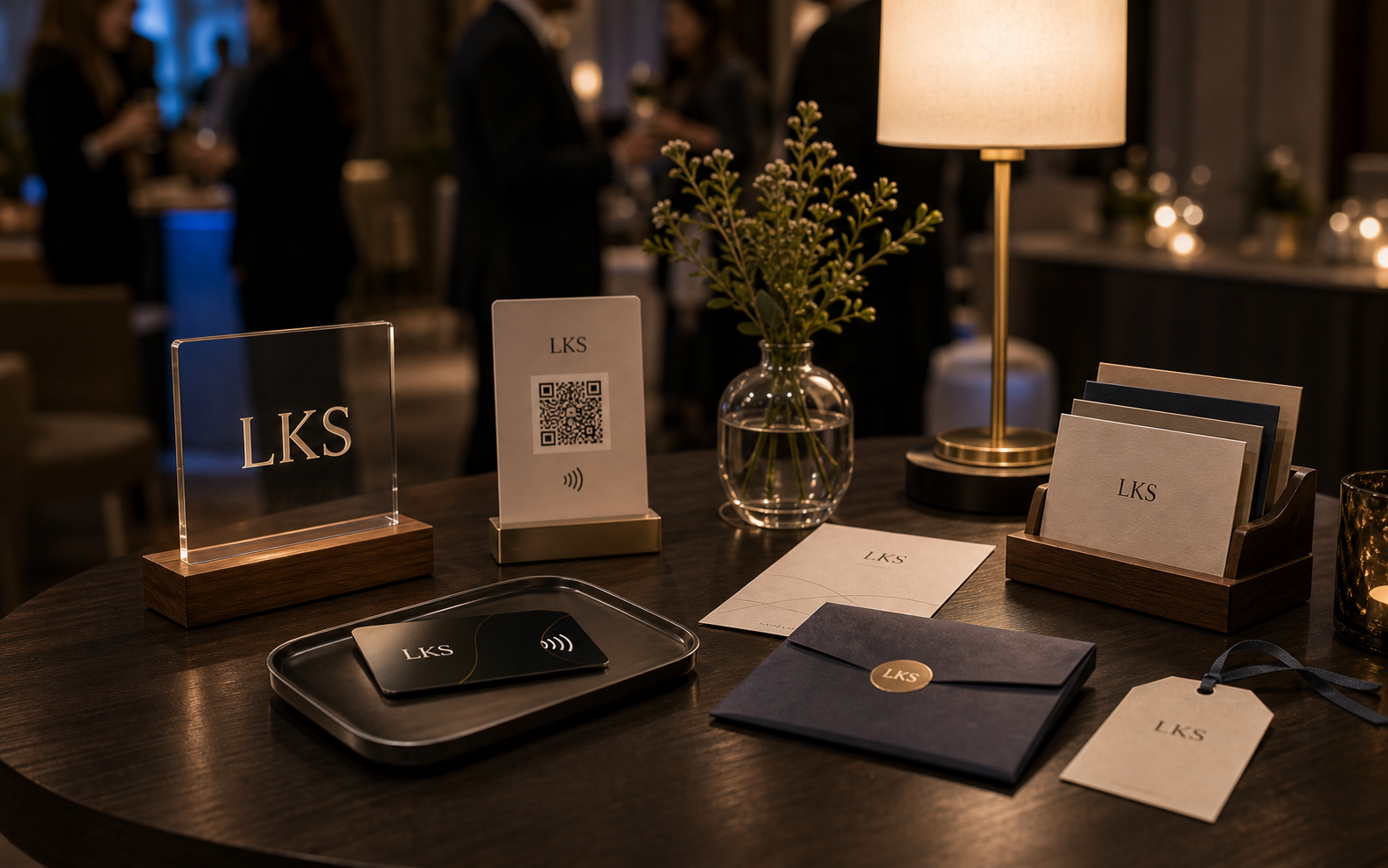 Premium LKS post-event follow-up table with acrylic sign, QR/NFC card, offer inserts, appointment cards, and gift tag touchpoints