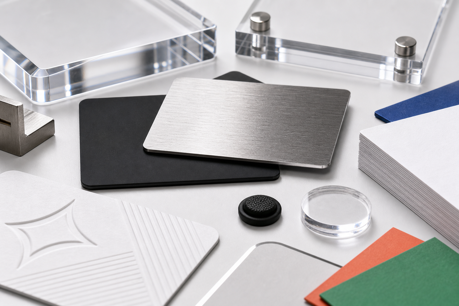 Close-up of premium acrylic, brushed metal, matte card, paper, and material finishes for custom branded touchpoints