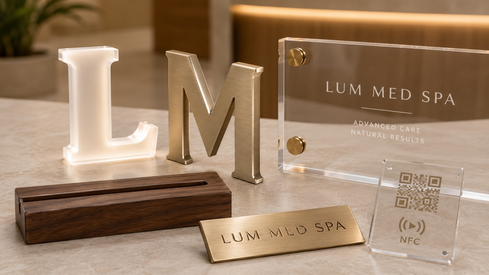 Premium storefront material samples including acrylic, brushed metal, brass, and walnut